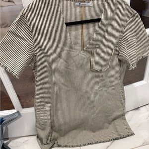 T by Alexander Wang Black & White Striped V-Neck Short Sleeve Shirt